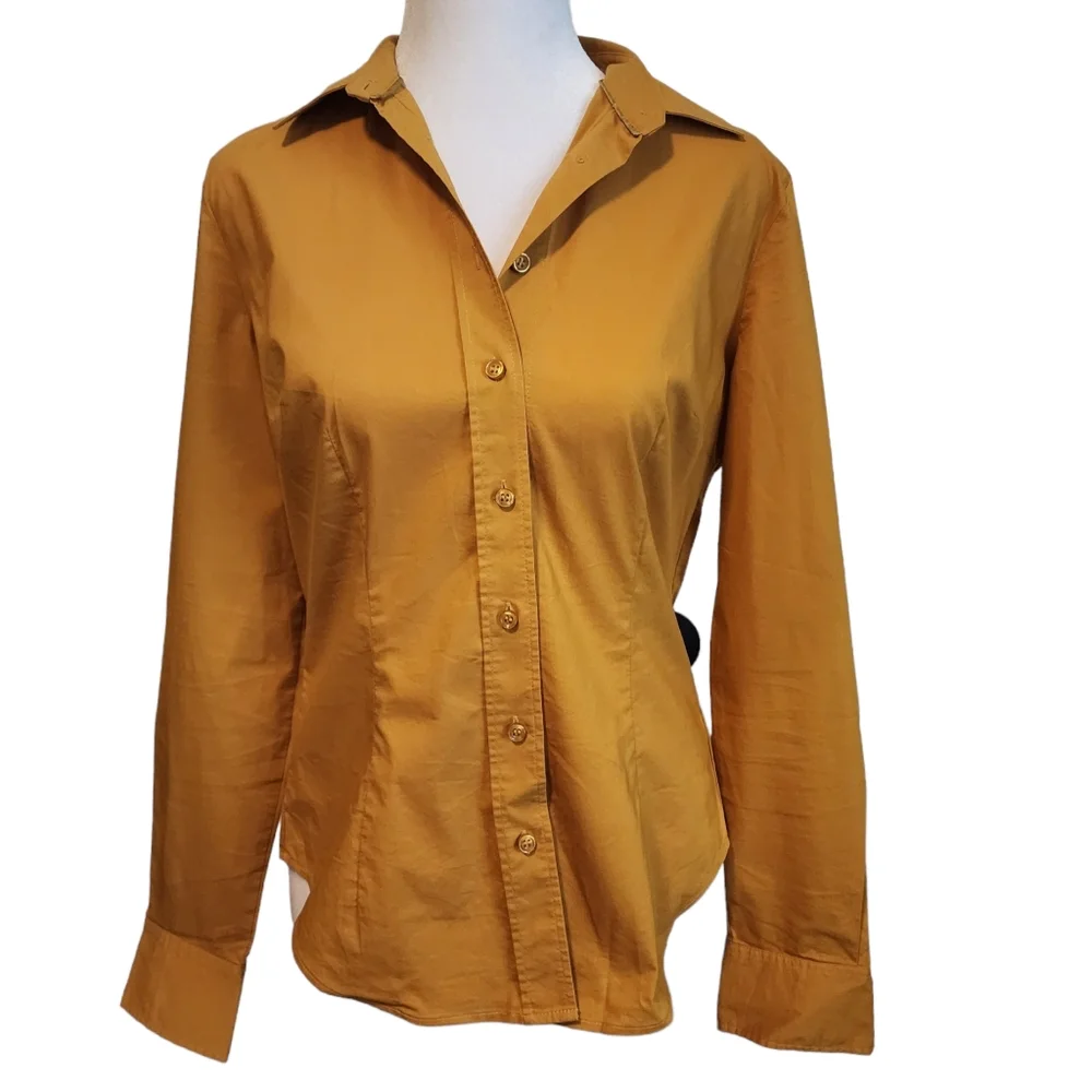 EUC New York & Company Mustard Yellow Fitted Button Up Blouse_2